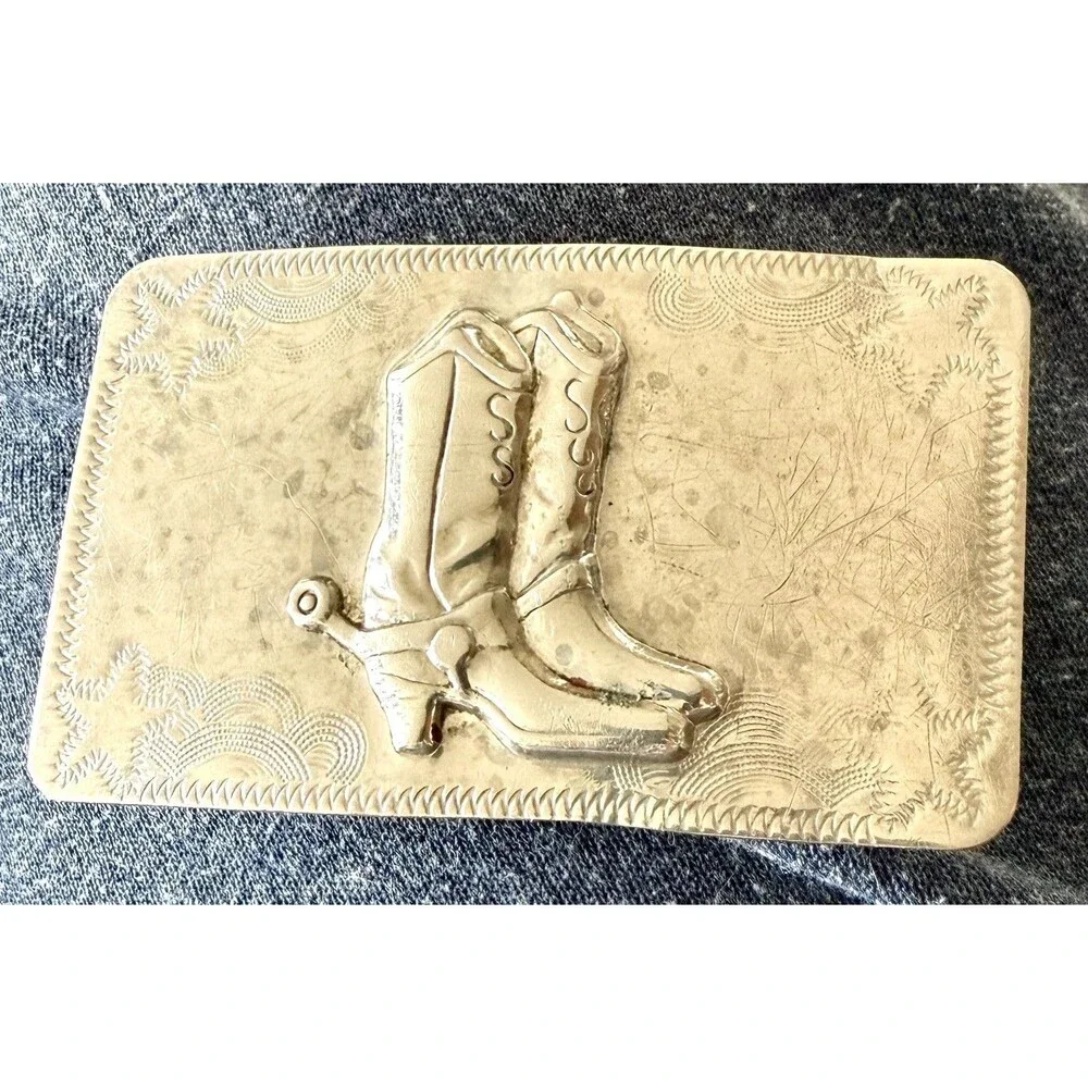 Silver Plated Cowboy or Cowgirl Boots USA Belt Buckle with Stars Vintage